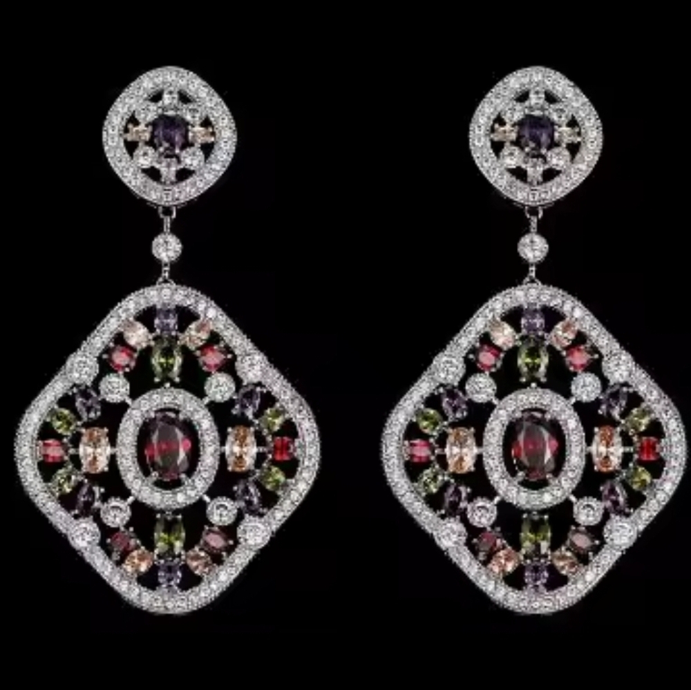 Silver Multicolor Statement Earrings - Picture 2 of 3